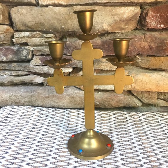 VTG Cabochons Cross Candelabra Boho Brass Religious Candle Holder Christian - Picture 4 of 8